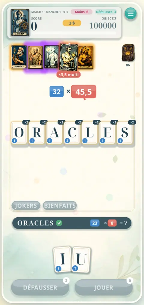 Le mot ORACLES posé sur la table, avec les jokers Homère, Socrate, Platon, Archimède et Héraclès